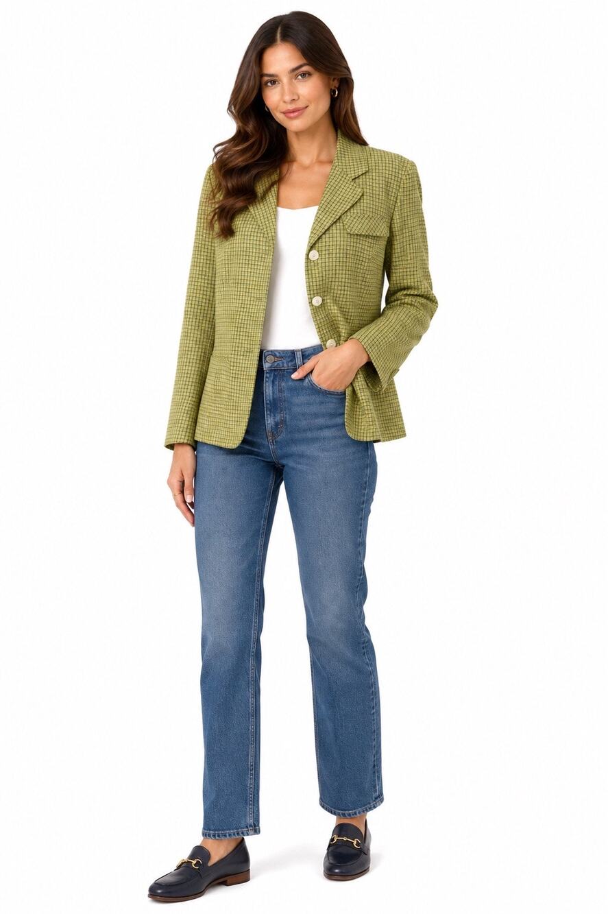 Vintage ‘90s Norton McNaughton Lime Green Checker Print Single Breasted Blazer